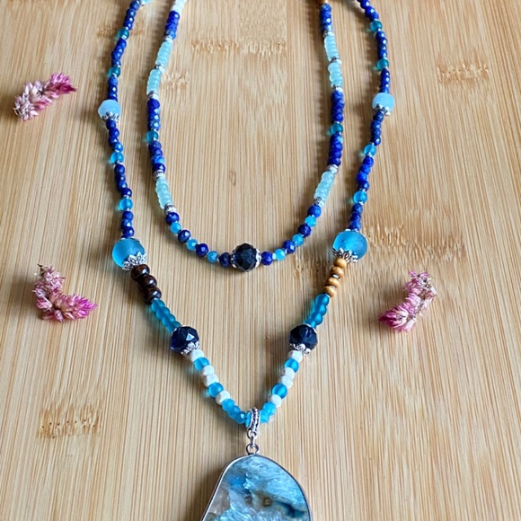 Multi Gemstone Layered Statement Necklace with Lapis Lazuli - Aquamarine - Picture 9 of 10